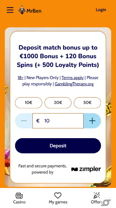 Screenshot der Homepage von MrBen Casino für Mobilgeräte