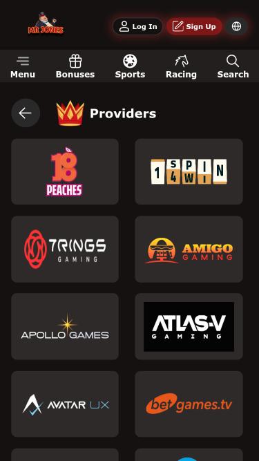 Página móvil de los desarrolladores de juegos de Mr Jones Casino