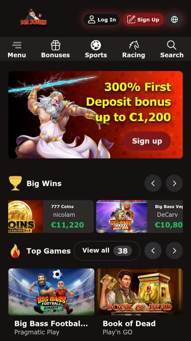 Página de inicio móvil del casino Mr Jones