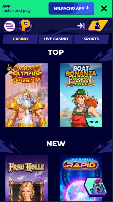 Screenshot der mobilen Spieleseite von MrPacho Casino