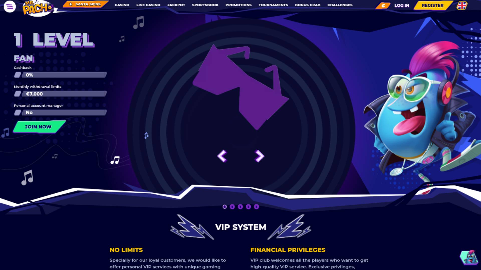 Screenshot der VIP-Seite von MrPacho Casino