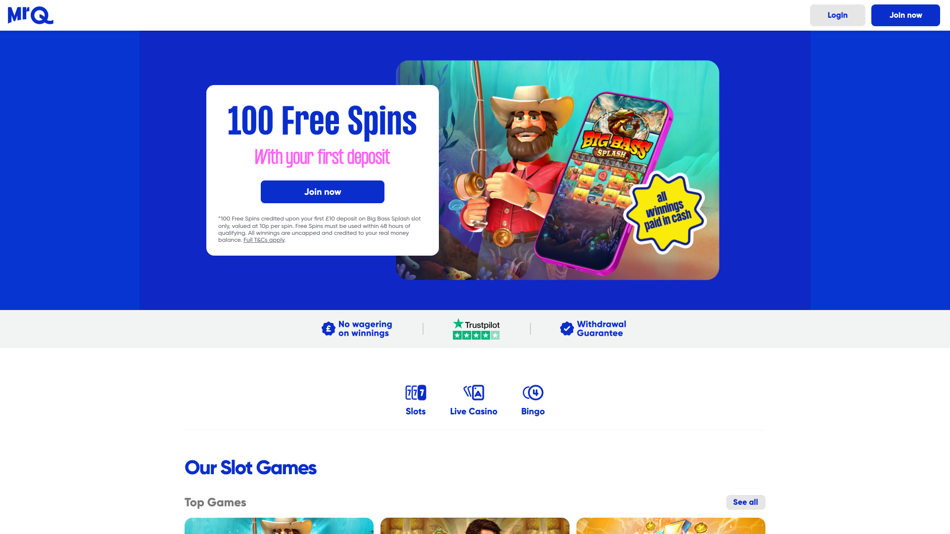 Page d'accueil du casino MrQ pour ordinateur