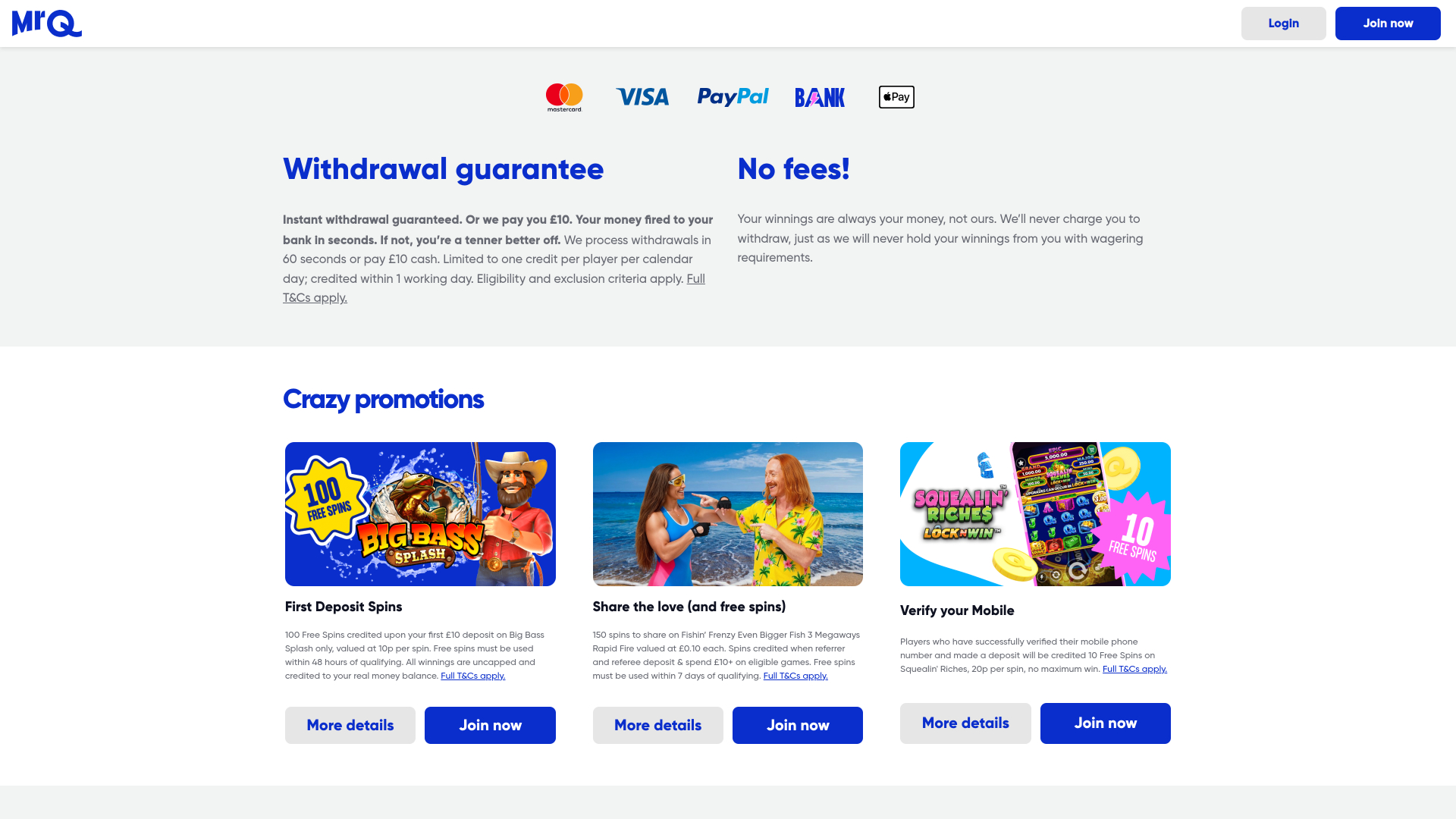 Promotions pour ordinateur de bureau du casino MrQ