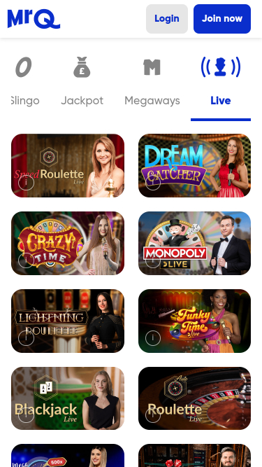 Casino mobile MrQ avec croupier en direct