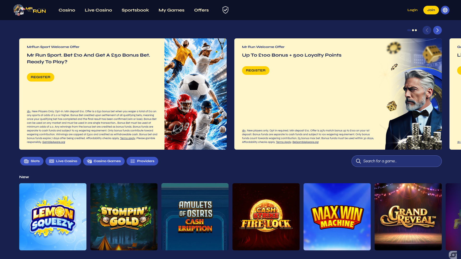 Pagina iniziale desktop di MrRun Casino