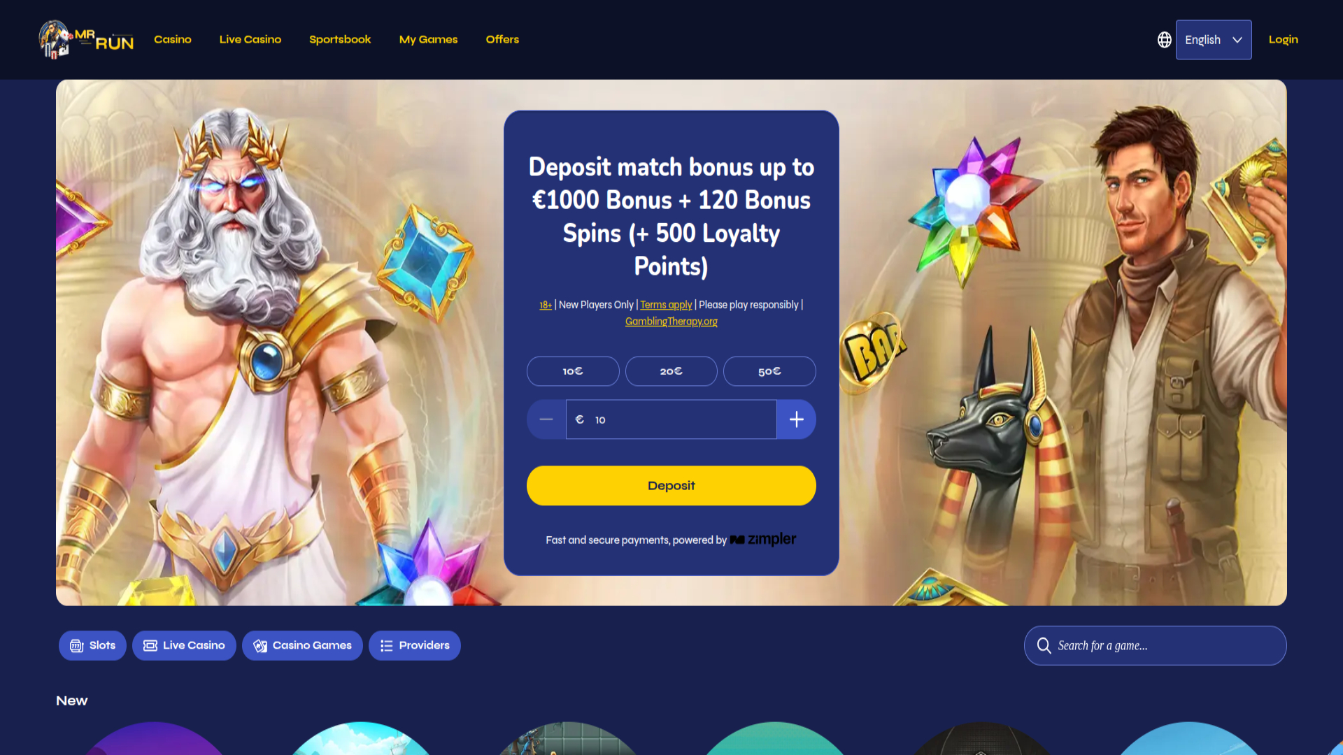 Capture d'écran de la page d'accueil du casino MrRun pour ordinateur de bureau