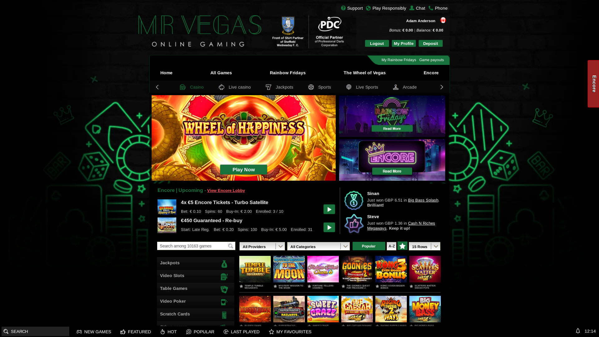 Page d'accueil du casino MrVegas pour ordinateur