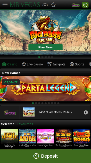 Page d'accueil mobile du casino MrVegas