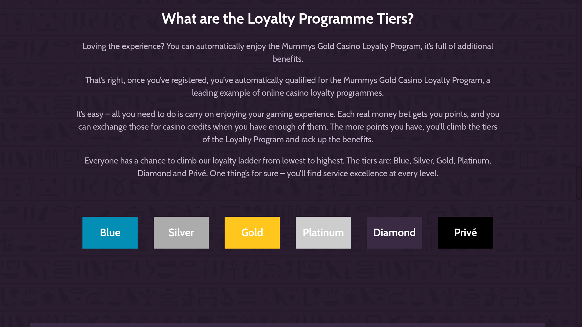 Programme VIP de bureau de Mummys Gold Casino