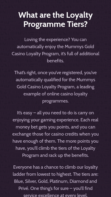 Programme VIP mobile de Mummys Gold Casino