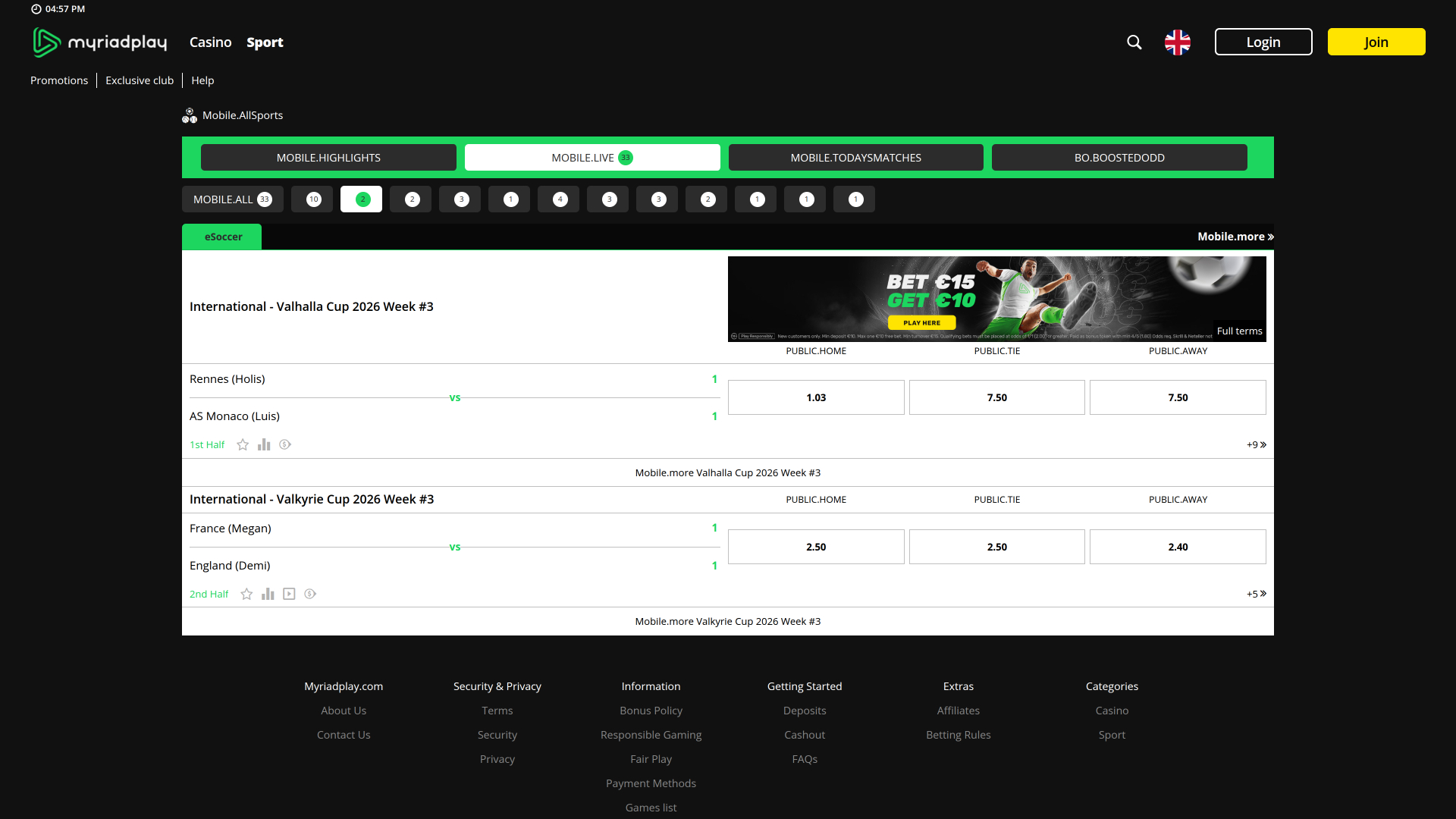 MyriadPlay Casino sur ordinateur Sports en direct