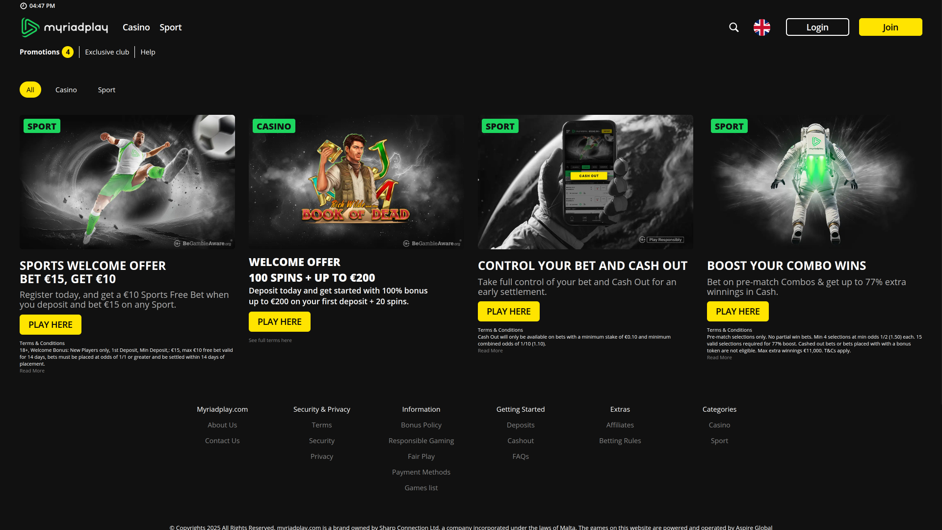 Promotions pour ordinateur de bureau du casino MyriadPlay