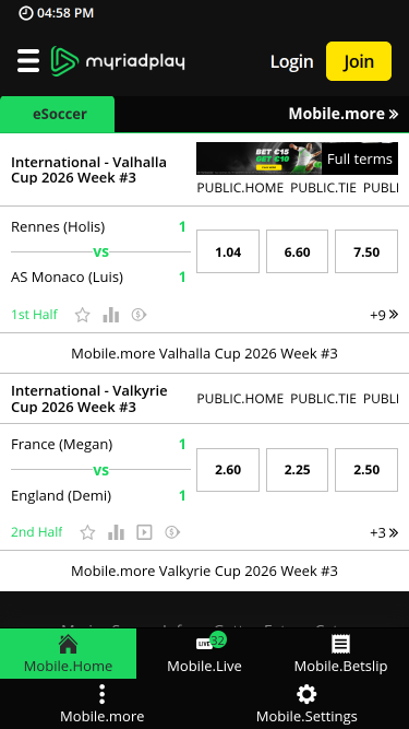 MyriadPlay Casino Mobile Sports en direct