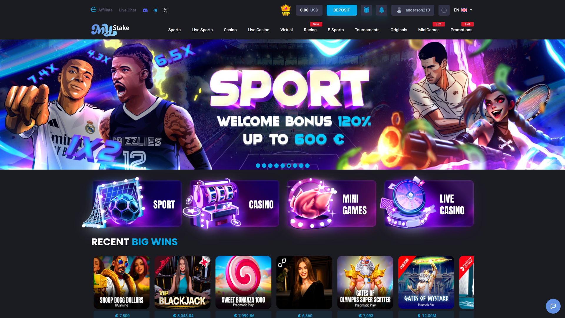 Page d'accueil du casino MyStake pour ordinateur