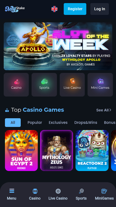 Page d'accueil mobile du casino MyStake
