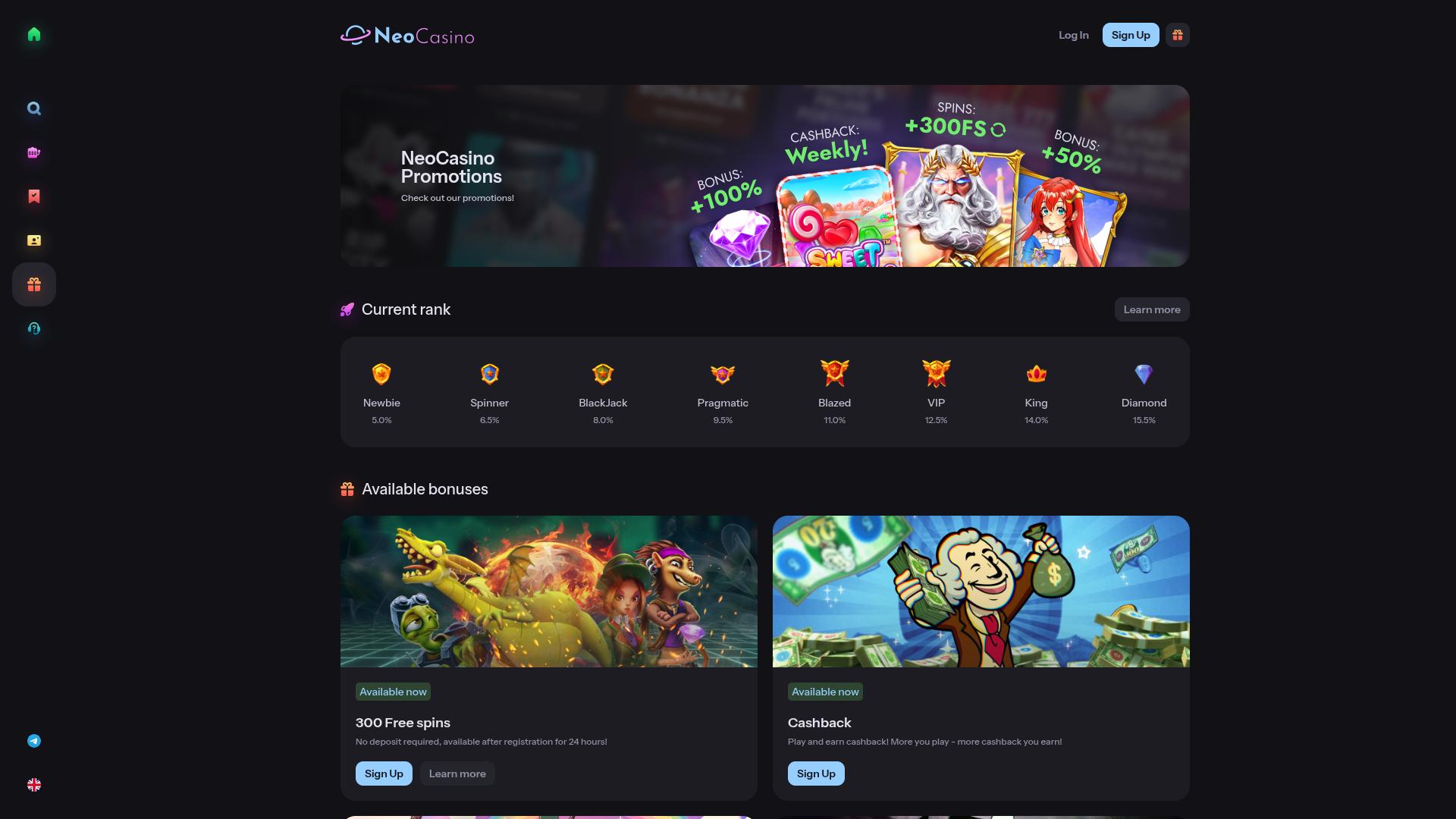 NeoCasino Promotions Desktop