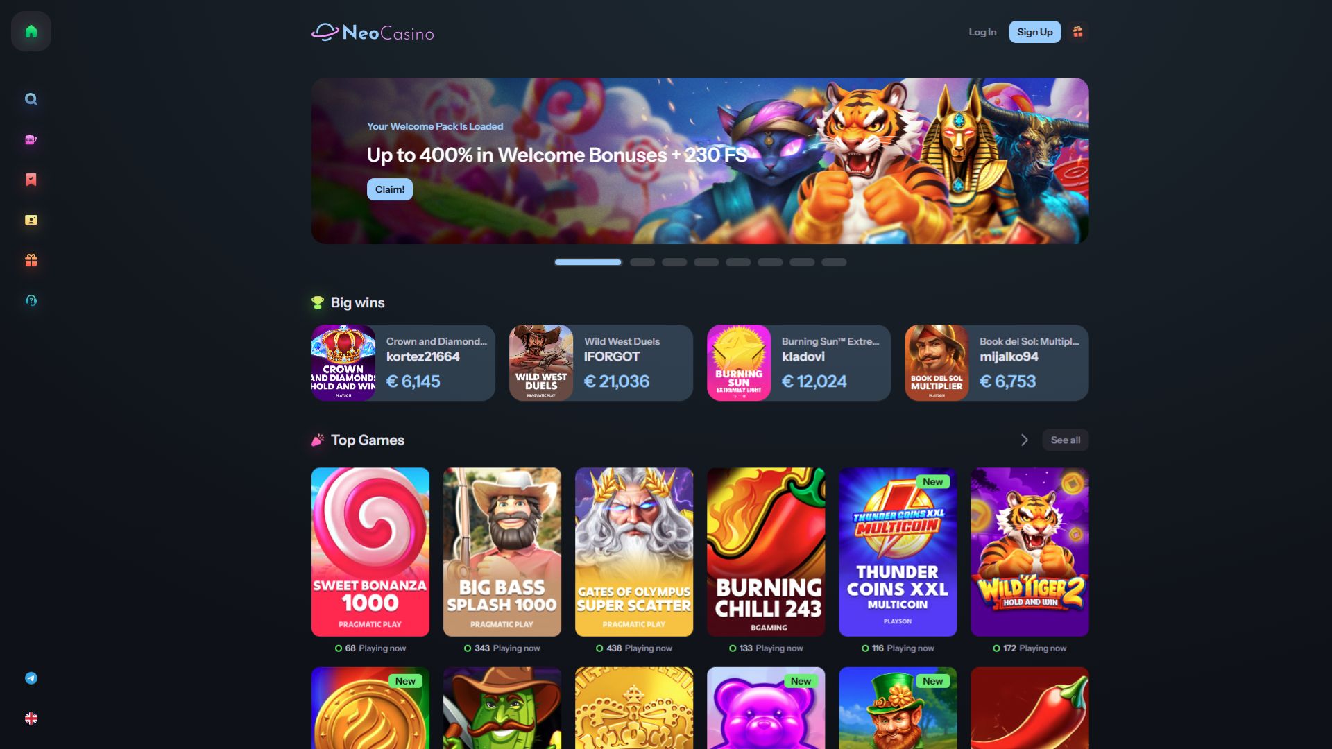 NeoCasino Desktop-Startseite