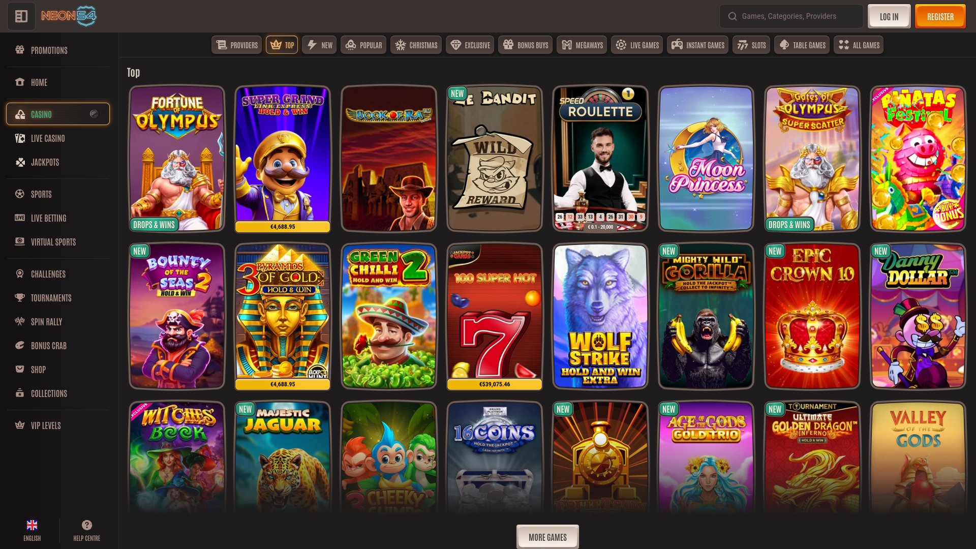 Jeux de casino Neon54 pour ordinateur