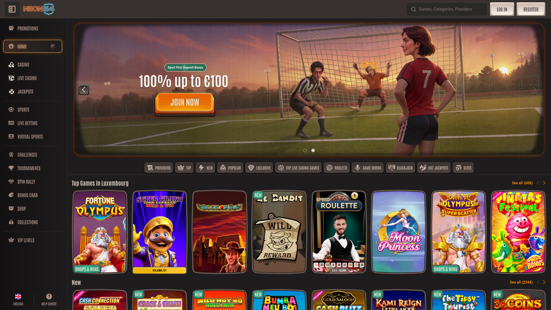 Page d'accueil du casino Neon54 pour ordinateur