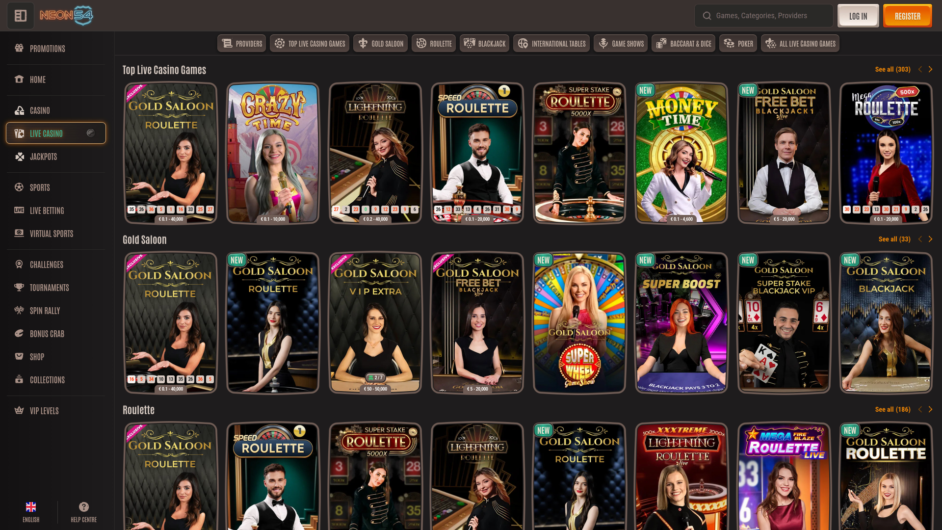 Casino Neon54 sur ordinateur avec croupier en direct