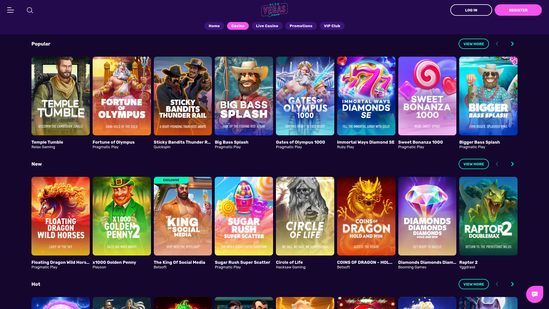 Juegos de escritorio de NeonVegas Casino