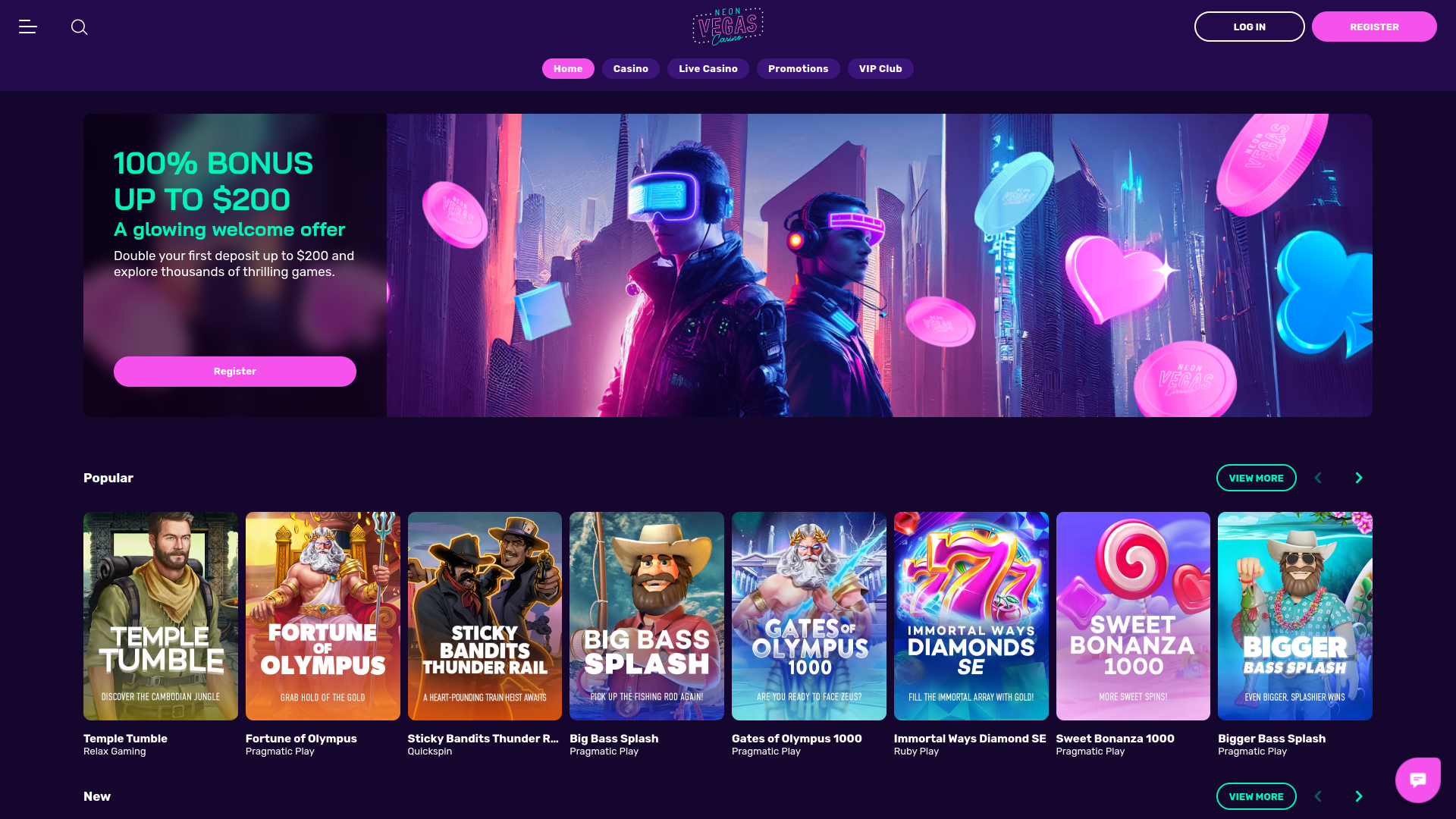 Página de inicio de escritorio del casino NeonVegas