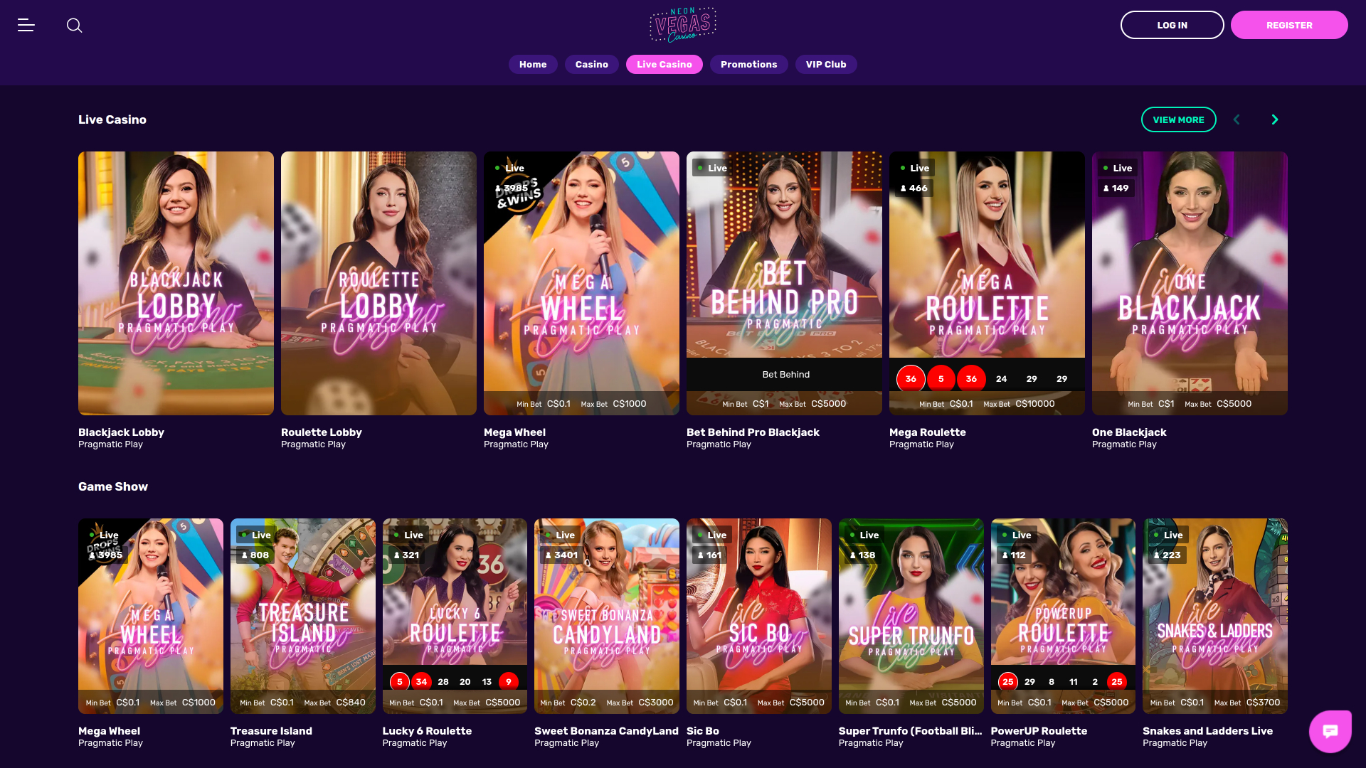 Casino NeonVegas Desktop con crupier en vivo