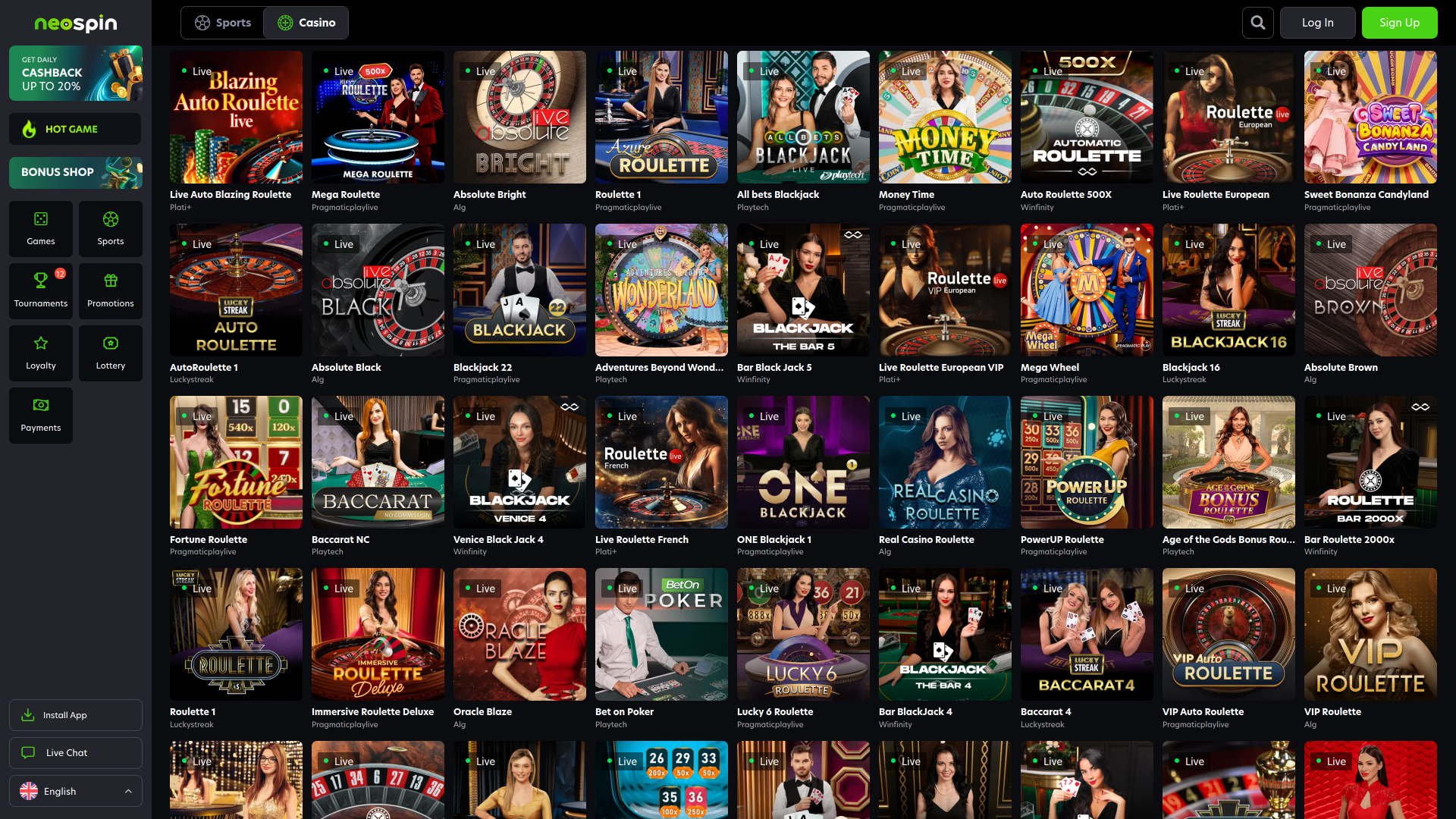 Casino Neospin Desktop con crupier en vivo