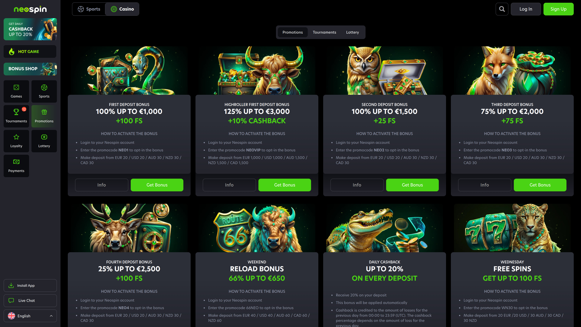 Promociones de escritorio del casino Neospin