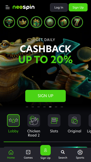 Página de inicio móvil del casino Neospin