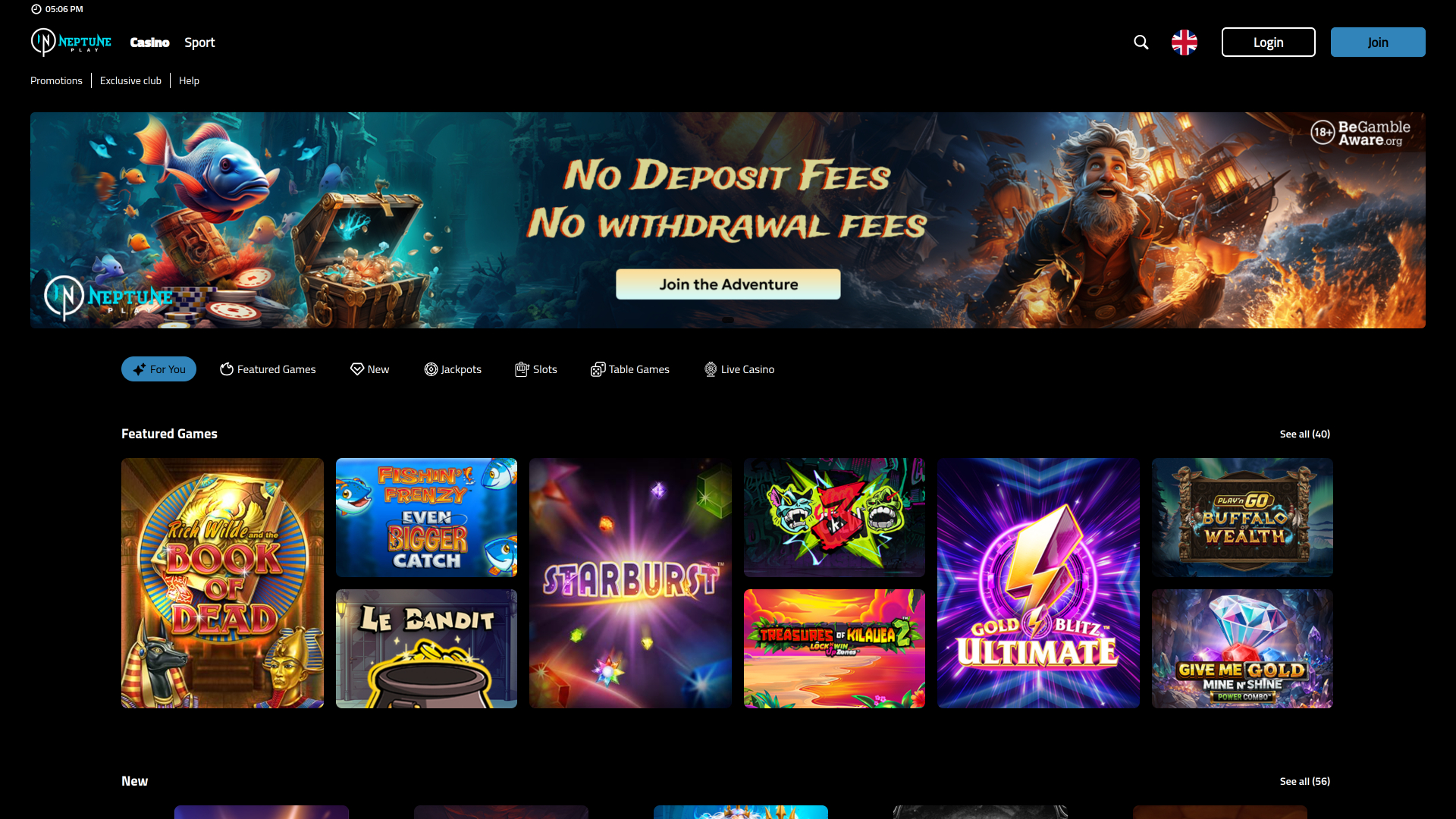 Página de inicio del casino Neptune Play para escritorio