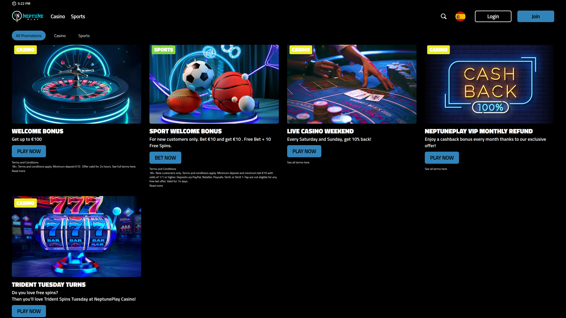 Promociones de escritorio del casino Neptune Play