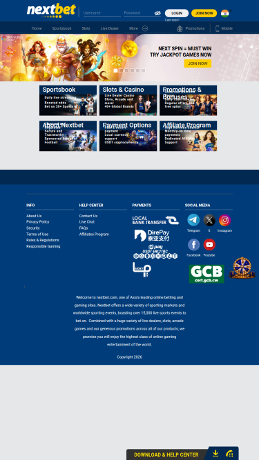 Page d'accueil mobile du casino NextBet
