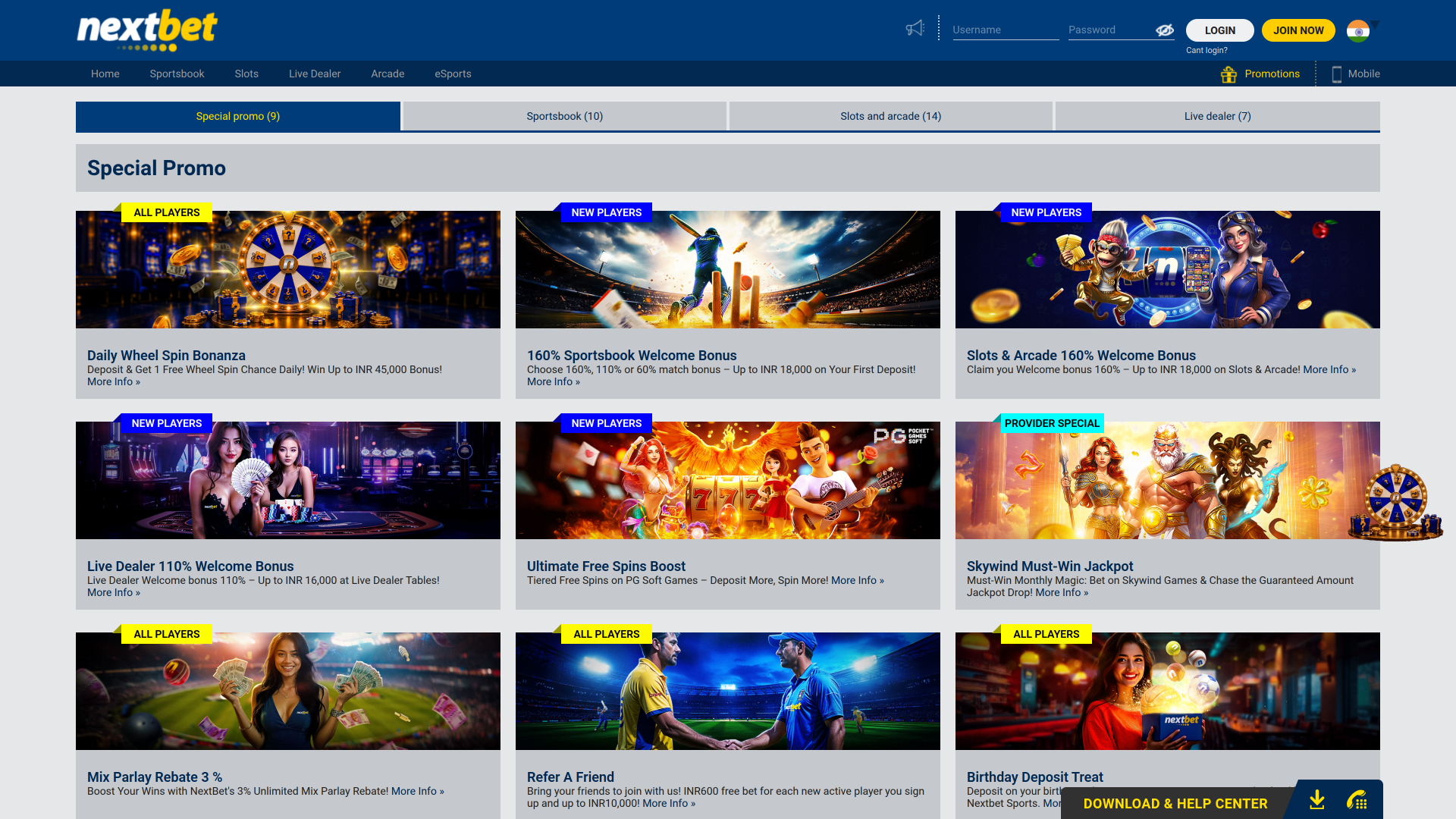 Promotions du casino NextBet version ordinateur