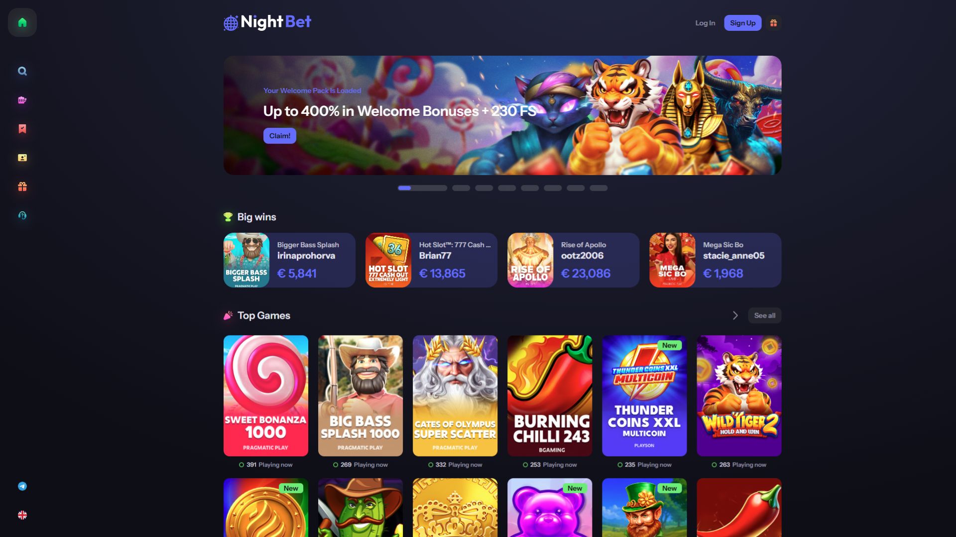 Page d'accueil du casino NightBet pour ordinateur