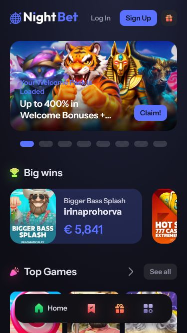Page d'accueil mobile du casino NightBet