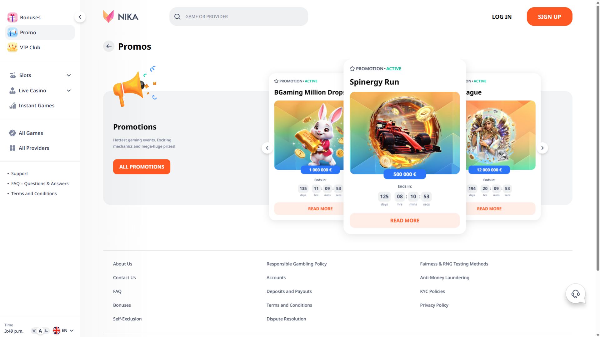 Promociones de escritorio de Nika Casino