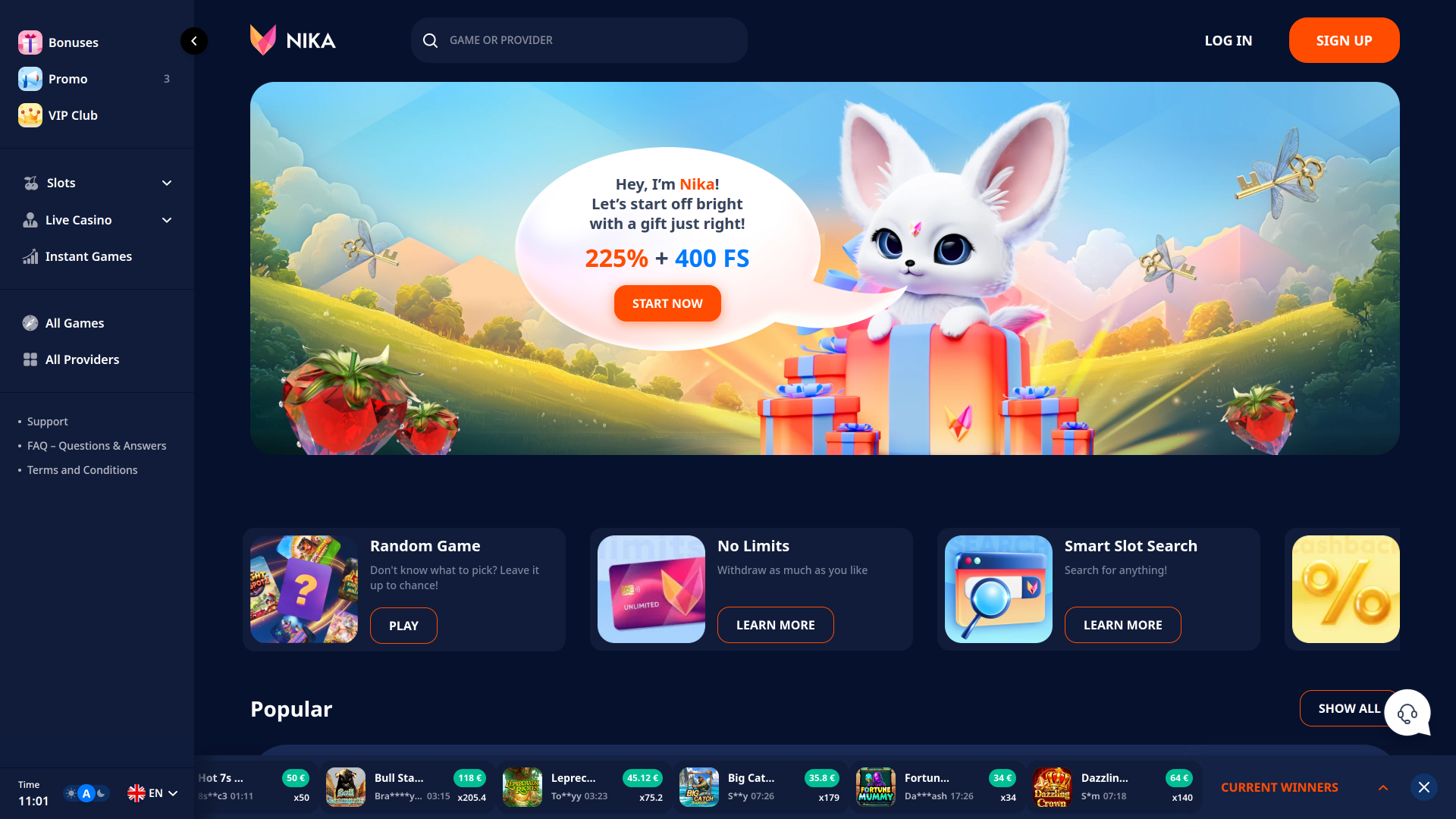 Page d'accueil de Nika Casino pour ordinateur