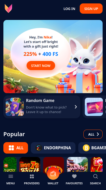 Page d'accueil du casino Nika Mobile