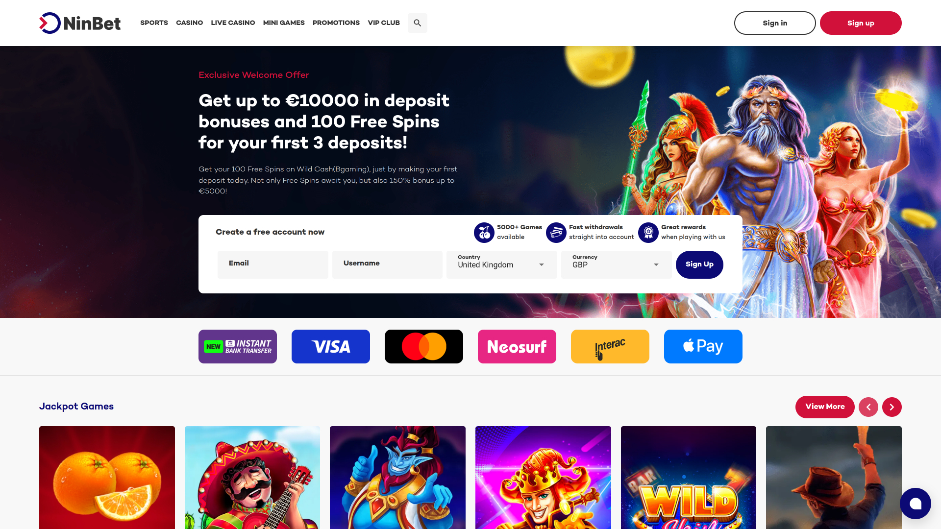 Ninbet Casino Desktop Homepage