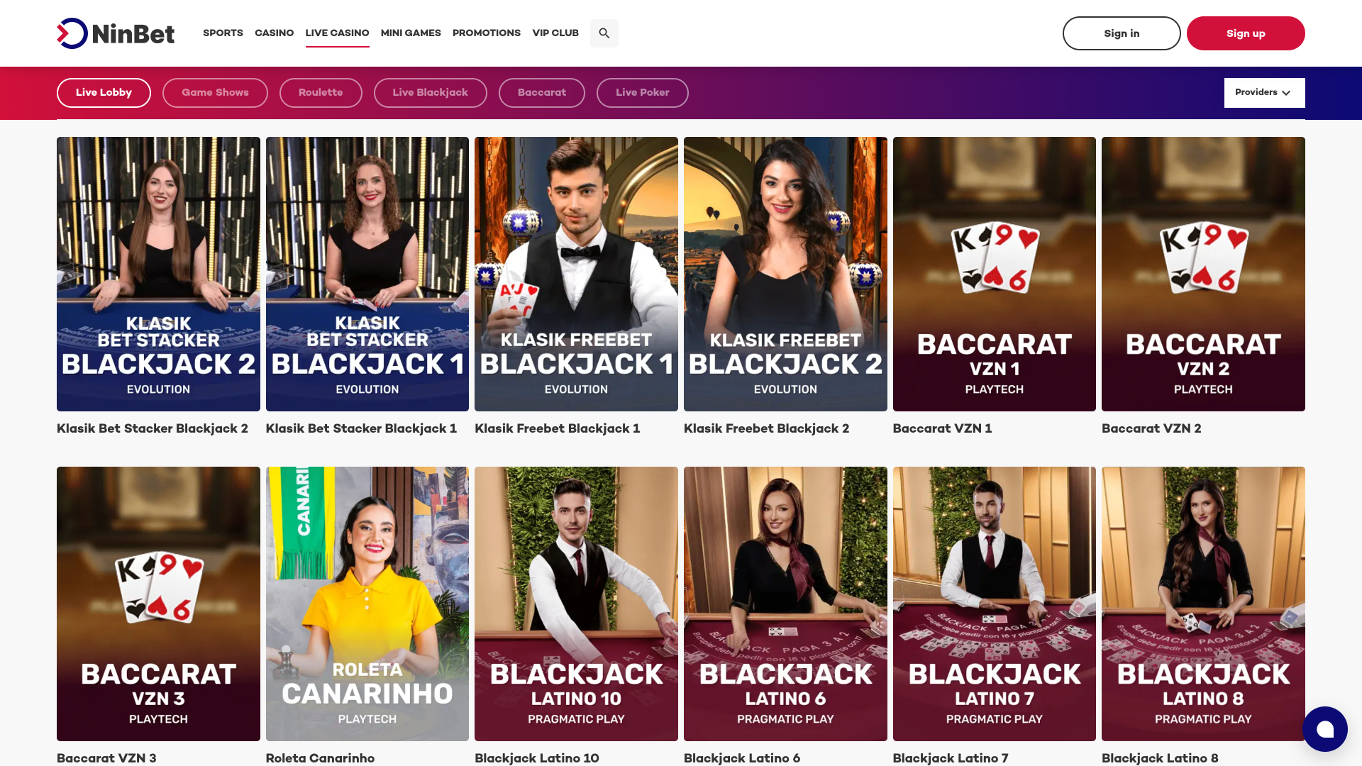 Ninbet Casino Desktop Live Dealer