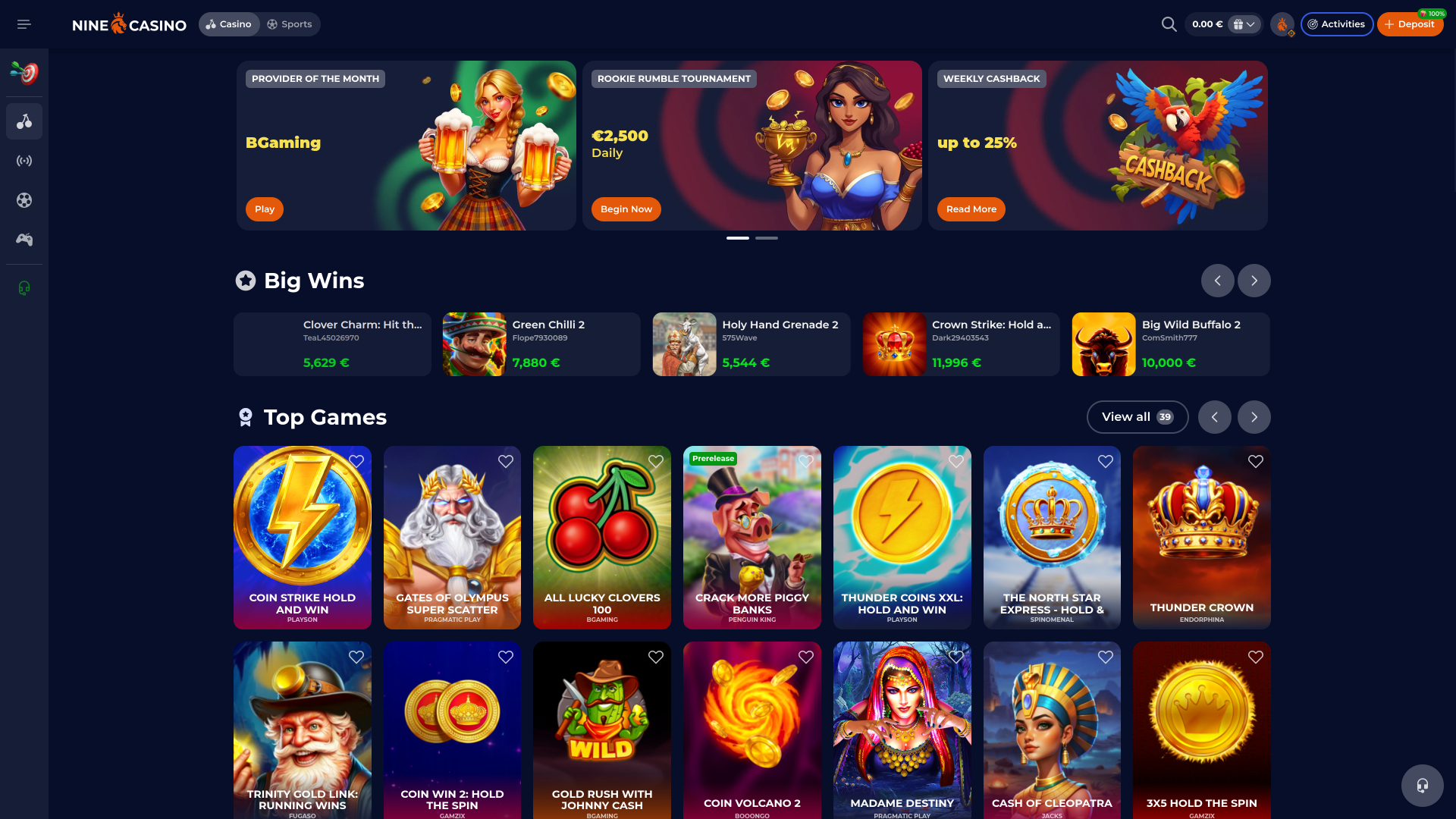 Homepage desktop di Nine Casino