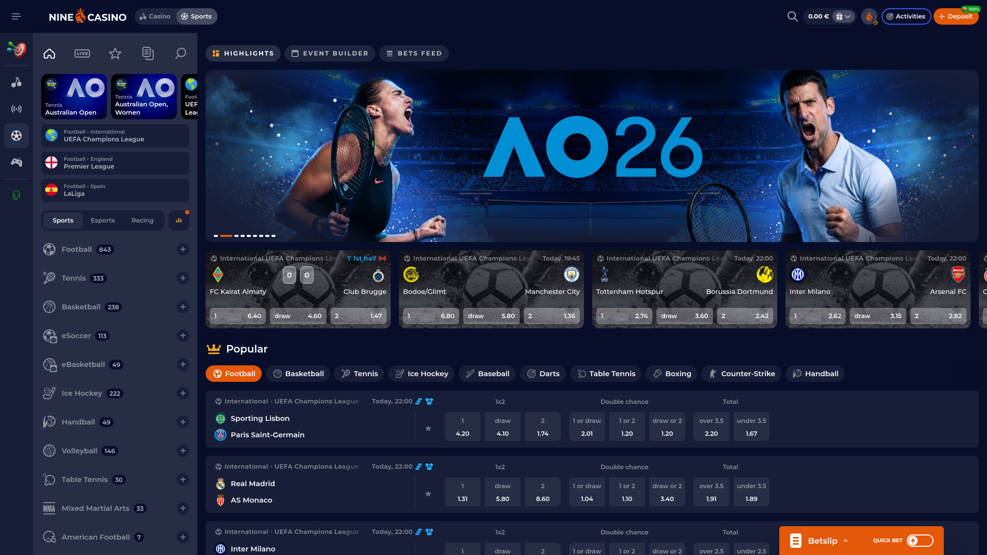 Scommesse sportive desktop Nine Casino