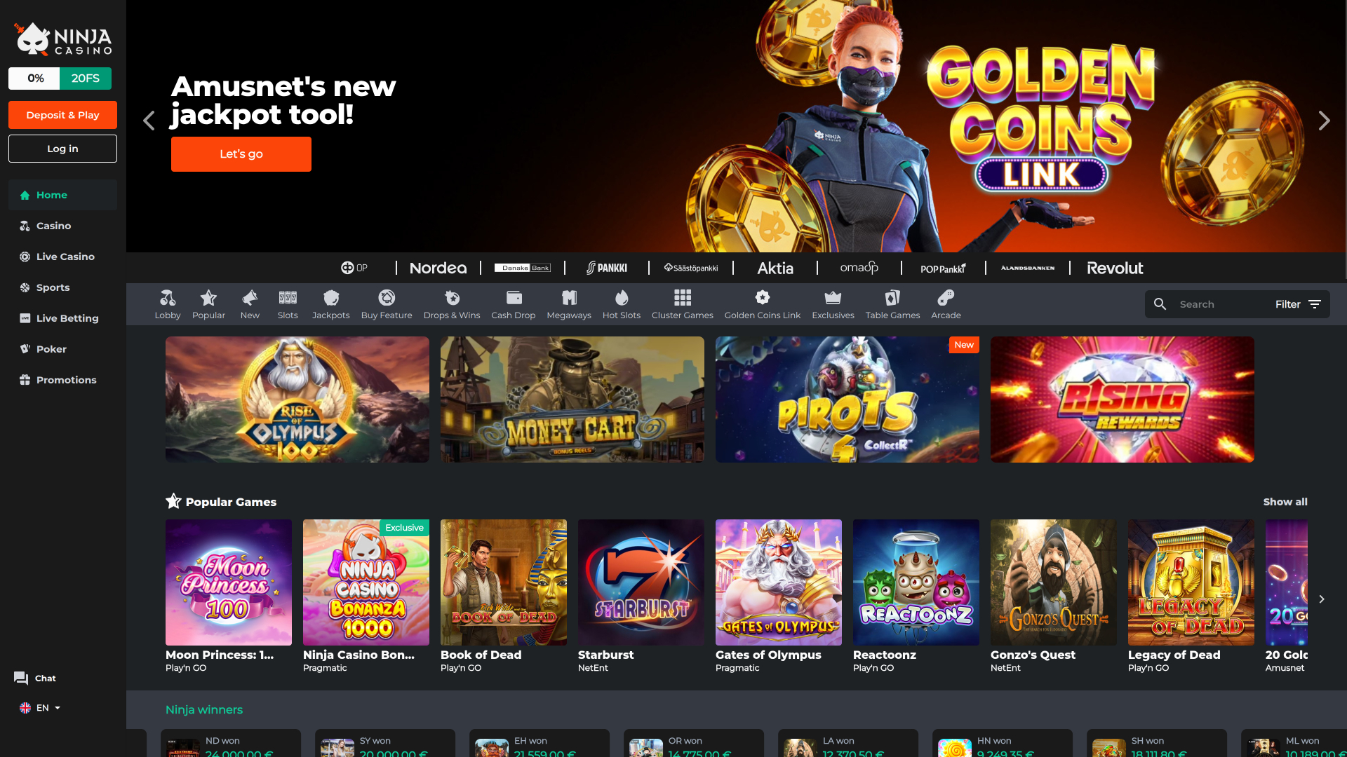 Page d'accueil de Ninja Casino pour ordinateur