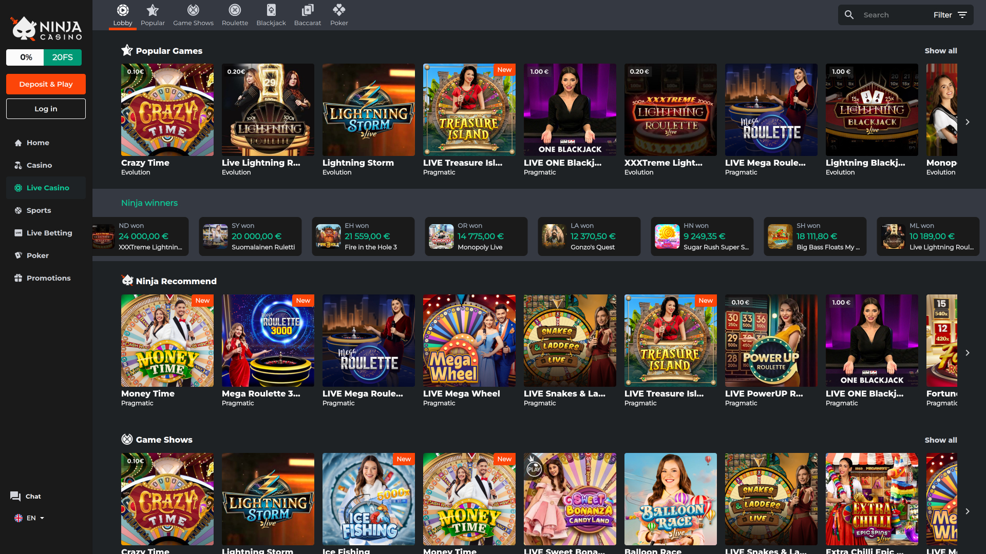 Ninja Casino Desktop avec croupier en direct