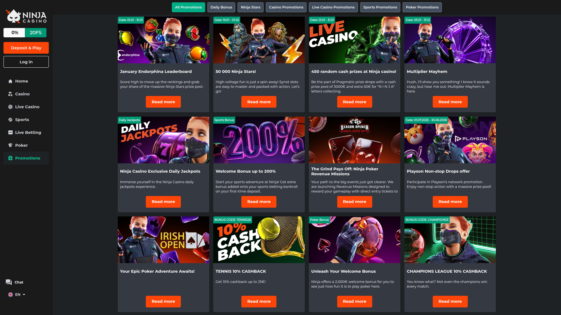 Promotions Ninja Casino sur ordinateur