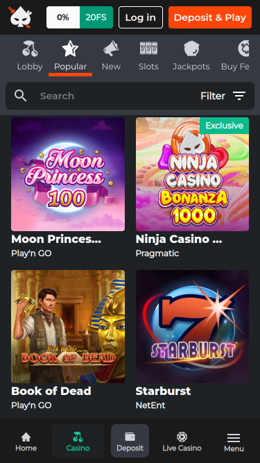 Jeux mobiles de Ninja Casino