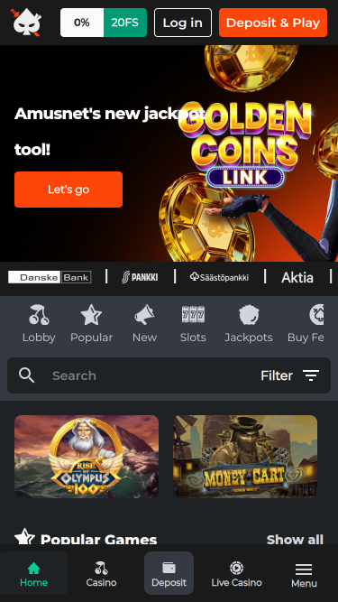 Page d'accueil mobile de Ninja Casino