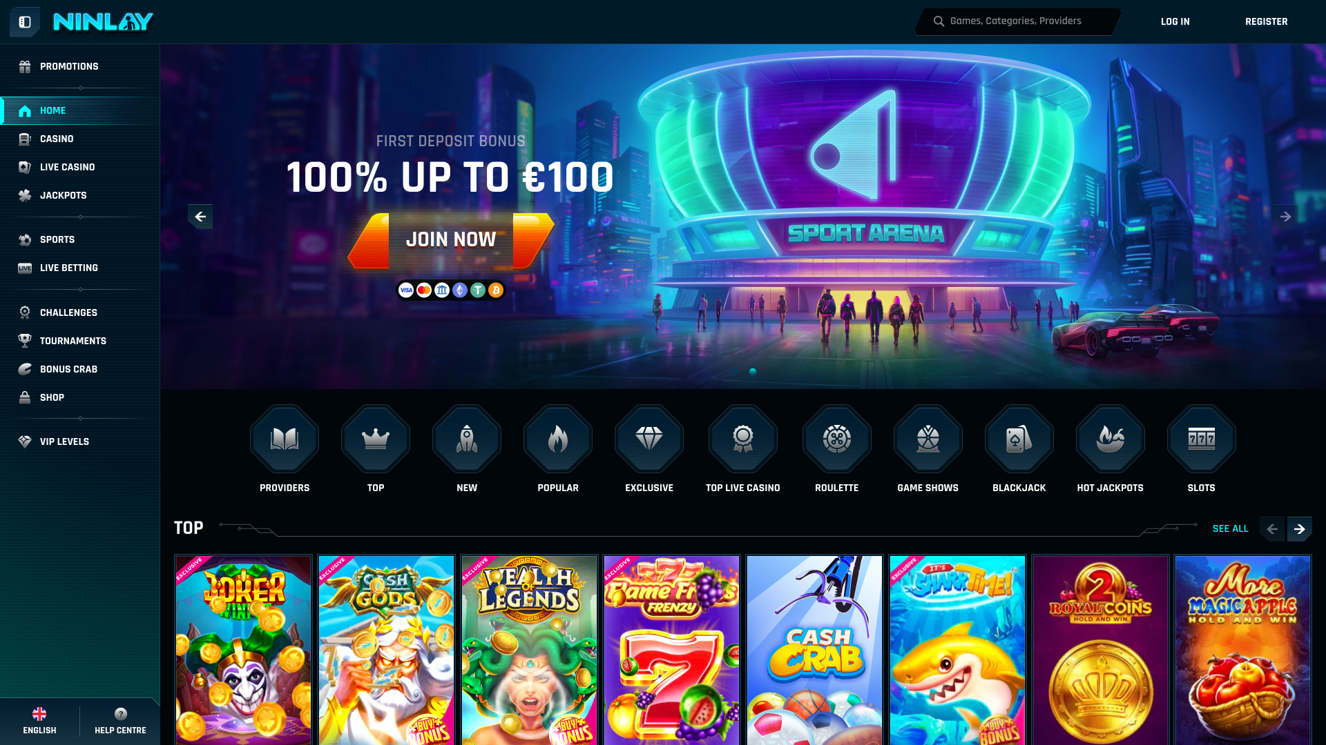 Page d'accueil du casino Ninlay pour ordinateur