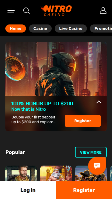 Домашняя страница мобильного приложения Nitro Casino